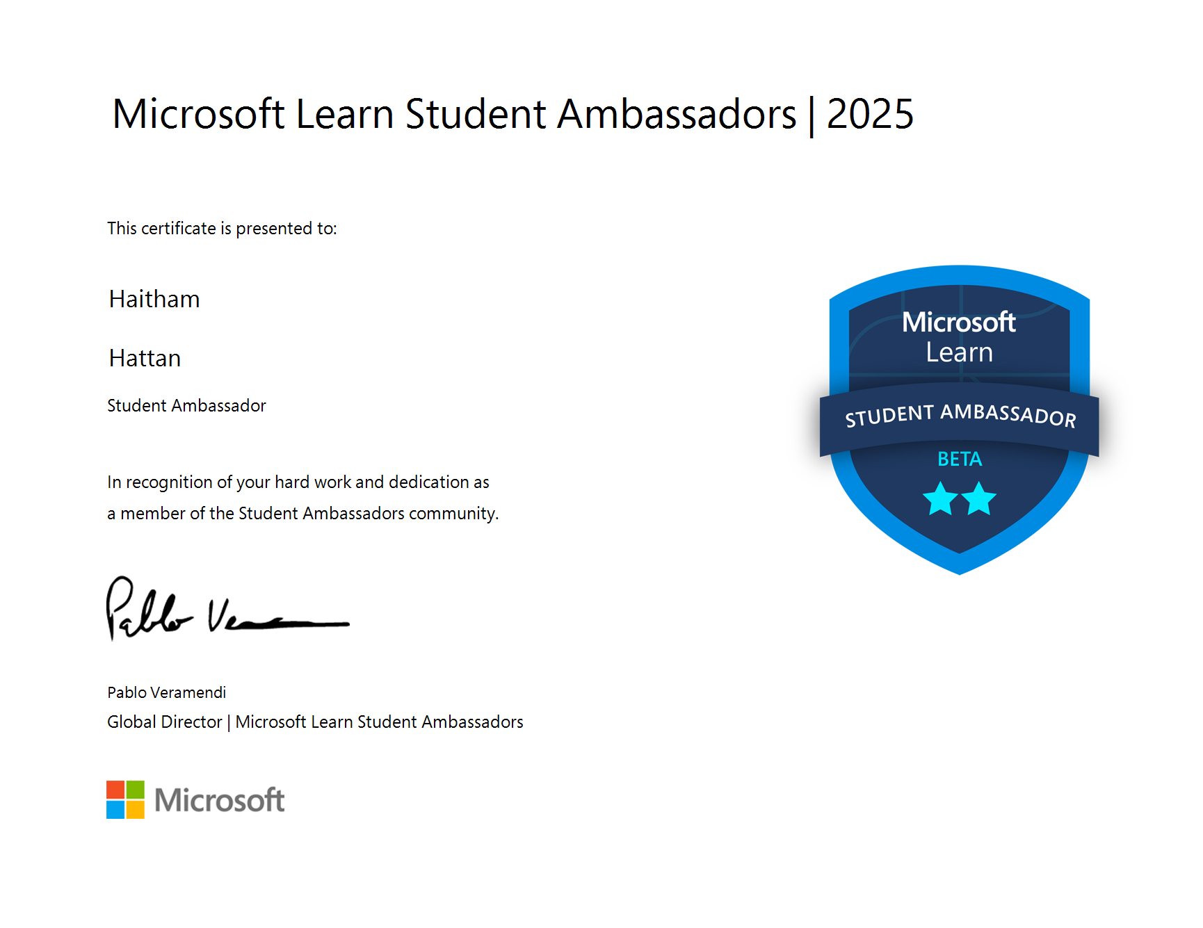 Microsoft Student Ambassador Certificate